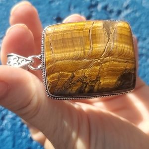 New Oversized Tiger Eye 925 Silver Pendant.